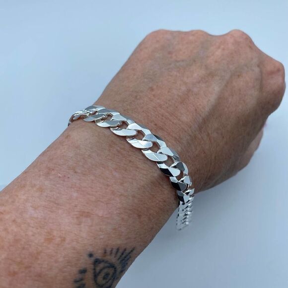 Flat Curb Sterling Silver Bracelet 250 gauge Unisex - Picture 3 of 6